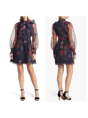 New NoTag Rachel Parcell Floral Tie Neck Long Sleeve‎ Organza Satin Dress Size 4
